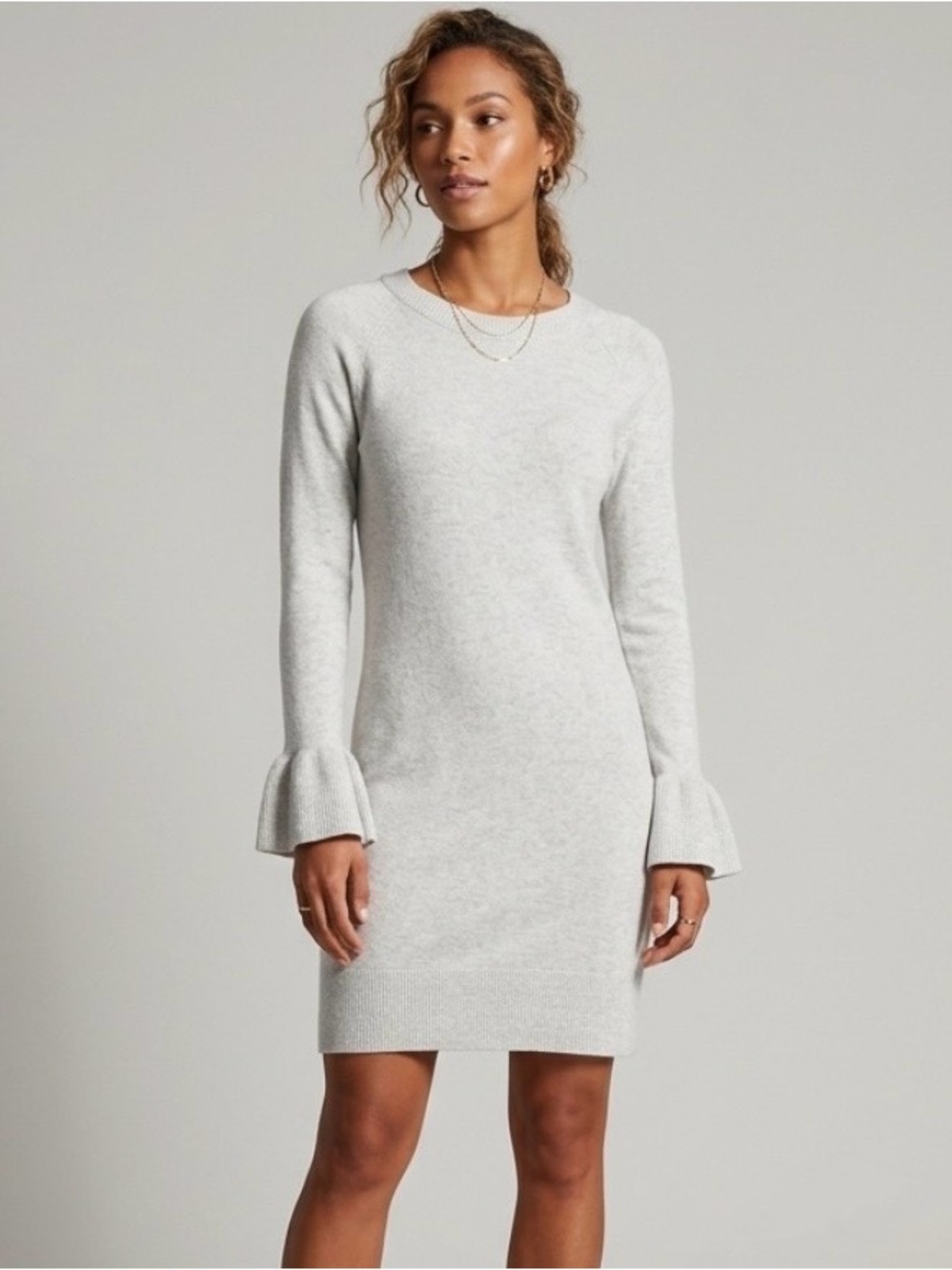 Banana Republic Light Gray Ruffle Cuff Knit Mini Dress M Cashmere Merino Blend
